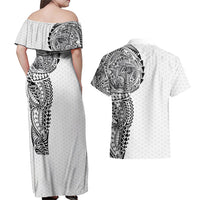 Hawaiian Traditional Tattoos Couples Matching Off Shoulder Maxi Dress and Hawaiian Shirt Kakau Tribal Tropical Plant Motif White Color LT03 - Polynesian Pride