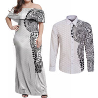 Hawaiian Traditional Tattoos Couples Matching Off Shoulder Maxi Dress and Long Sleeve Button Shirt Kakau Tribal Tropical Plant Motif White Color LT03 White - Polynesian Pride