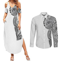 Hawaiian Traditional Tattoos Couples Matching Summer Maxi Dress and Long Sleeve Button Shirt Kakau Tribal Tropical Plant Motif White Color LT03 White - Polynesian Pride