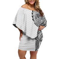 Hawaiian Traditional Tattoos Off Shoulder Short Dress Kakau Tribal Tropical Plant Motif White Color