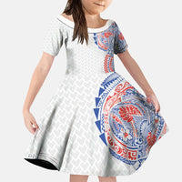 Hawaiian Traditional Tattoos Family Matching Long Sleeve Bodycon Dress and Hawaiian Shirt Kakau Tribal Tropical Plant Motif Hawaii Flag Color Inspired LT03 Daughter's Dress Multicolor - Polynesian Pride