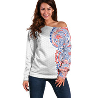 Hawaiian Traditional Tattoos Off Shoulder Sweater Kakau Tribal Tropical Plant Motif Hawaii Flag Color Inspired