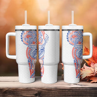 Hawaiian Traditional Tattoos Tumbler With Handle Kakau Tribal Tropical Plant Motif Hawaii Flag Color Inspired