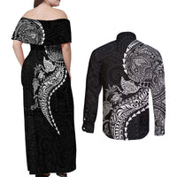 Hawaiian Kakau Tribal Sea Animals Tattoos Couples Matching Off Shoulder Maxi Dress and Long Sleeve Button Shirt Black Color