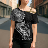 Hawaiian Kakau Tribal Sea Animals Tattoos Cross Shoulder Shirt Black Color