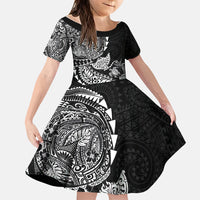 Hawaiian Kakau Tribal Sea Animals Tattoos Family Matching Off Shoulder Maxi Dress and Hawaiian Shirt Black Color LT03 Daughter's Dress Black - Polynesian Pride