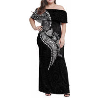 Hawaiian Kakau Tribal Sea Animals Tattoos Family Matching Off Shoulder Maxi Dress and Hawaiian Shirt Black Color LT03 Mom's Dress Black - Polynesian Pride