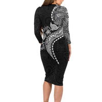 Hawaiian Kakau Tribal Sea Animals Tattoos Long Sleeve Bodycon Dress Black Color