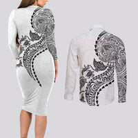 Hawaiian Kakau Tribal Sea Animals Tattoos Couples Matching Long Sleeve Bodycon Dress and Long Sleeve Button Shirt White Color
