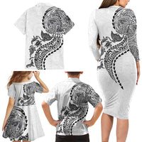 Hawaiian Kakau Tribal Sea Animals Tattoos Family Matching Long Sleeve Bodycon Dress and Hawaiian Shirt White Color LT03 - Polynesian Pride