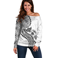 Hawaiian Kakau Tribal Sea Animals Tattoos Off Shoulder Sweater White Color