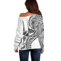 Hawaiian Kakau Tribal Sea Animals Tattoos Off Shoulder Sweater White Color