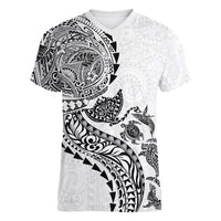 Hawaiian Kakau Tribal Sea Animals Tattoos Women V-Neck T-Shirt White Color