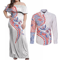 Hawaiian Kakau Tribal Sea Animals Tattoos Couples Matching Off Shoulder Maxi Dress and Long Sleeve Button Shirt Hawaii Flag Color Inspired