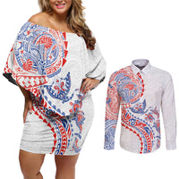 Hawaiian Kakau Tribal Sea Animals Tattoos Couples Matching Off Shoulder Short Dress and Long Sleeve Button Shirt Hawaii Flag Color Inspired
