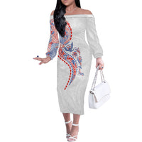 Hawaiian Kakau Tribal Sea Animals Tattoos Family Matching Off The Shoulder Long Sleeve Dress and Hawaiian Shirt Hawaii Flag Color Inspired LT03 Mom's Dress Multicolor - Polynesian Pride