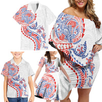 Hawaiian Kakau Tribal Sea Animals Tattoos Family Matching Off Shoulder Short Dress and Hawaiian Shirt Hawaii Flag Color Inspired LT03 - Polynesian Pride