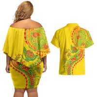 Hawaiian Kakau Tribal Sea Animals Tattoos Couples Matching Off Shoulder Short Dress and Hawaiian Shirt Kanaka Maoli Flag Color Inspired LT03 - Polynesian Pride