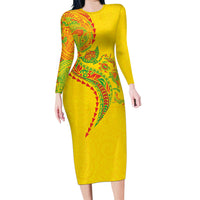 Hawaiian Kakau Tribal Sea Animals Tattoos Long Sleeve Bodycon Dress Kanaka Maoli Flag Color Inspired LT03 Long Dress Multicolor - Polynesian Pride