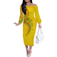 Hawaiian Kakau Tribal Sea Animals Tattoos Off The Shoulder Long Sleeve Dress Kanaka Maoli Flag Color Inspired LT03 Women Multicolor - Polynesian Pride
