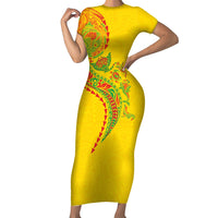 Hawaiian Kakau Tribal Sea Animals Tattoos Short Sleeve Bodycon Dress Kanaka Maoli Flag Color Inspired LT03 Long Dress Multicolor - Polynesian Pride