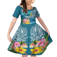 Personalised Tuvalu Independence Day Family Matching Mermaid Dress and Hawaiian Shirt Tuvaluan Tribal Flag Style LT03 Daughter's Dress Turquoise - Polynesian Pride