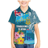 Personalised Tuvalu Independence Day Family Matching Mermaid Dress and Hawaiian Shirt Tuvaluan Tribal Flag Style LT03 Son's Shirt Turquoise - Polynesian Pride