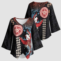 Hawaii and Japanese Together Kimono Sleeve Blouse Koi Fish and Kakau Pattern - Polynesian Pride