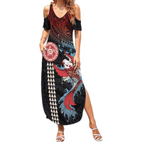 Hawaii and Japanese Together Summer Maxi Dress Koi Fish and Kakau Pattern LT03 Women Black - Polynesian Pride