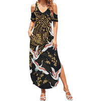 Hawaii and Japanese Together Family Matching Summer Maxi Dress and Hawaiian Shirt Cranes Birds with Kakau Pattern