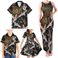 Hawaii and Japanese Together Family Matching Tank Maxi Dress and Hawaiian Shirt Cranes Birds with Kakau Pattern