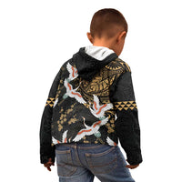 Hawaii and Japanese Together Kid Hoodie Cranes Birds with Kakau Pattern