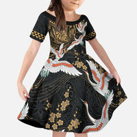 Hawaii and Japanese Together Kid Short Sleeve Dress Cranes Birds with Kakau Pattern