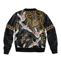 Hawaii and Japanese Together Sleeve Zip Bomber Jacket Cranes Birds with Kakau Pattern