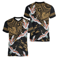 Hawaii and Japanese Together Women V-Neck T-Shirt Cranes Birds with Kakau Pattern