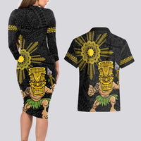 Hawaii and Philippines Together Couples Matching Long Sleeve Bodycon Dress and Hawaiian Shirt Warrior Tiki Mask and Filipino Sun Polynesian Style LT03 - Polynesian Pride