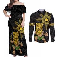 Hawaii and Philippines Together Couples Matching Off Shoulder Maxi Dress and Long Sleeve Button Shirt Warrior Tiki Mask and Filipino Sun Polynesian Style LT03 Black - Polynesian Pride