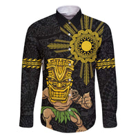 Hawaii and Philippines Together Family Matching Off The Shoulder Long Sleeve Dress and Hawaiian Shirt Warrior Tiki Mask and Filipino Sun Polynesian Style LT03 Dad's Shirt - Long Sleeve Black - Polynesian Pride