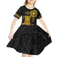 Hawaii and Philippines Together Kid Short Sleeve Dress Warrior Tiki Mask and Filipino Sun Polynesian Style LT03 - Polynesian Pride