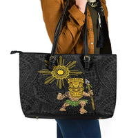 Hawaii and Philippines Together Leather Tote Bag Warrior Tiki Mask and Filipino Sun Polynesian Style LT03 - Polynesian Pride