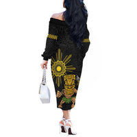 Hawaii and Philippines Together Off The Shoulder Long Sleeve Dress Warrior Tiki Mask and Filipino Sun Polynesian Style LT03 - Polynesian Pride