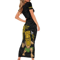 Hawaii and Philippines Together Short Sleeve Bodycon Dress Warrior Tiki Mask and Filipino Sun Polynesian Style LT03 - Polynesian Pride