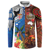 Fiji and Australia Together Button Sweatshirt Fijian Tapa Plants with Kangaroo and Aboriginal - Polynesian Pride