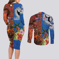 Fiji and Australia Together Couples Matching Long Sleeve Bodycon Dress and Long Sleeve Button Shirt Fijian Tapa Plants with Kangaroo and Aboriginal - Polynesian Pride