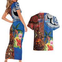 Fiji and Australia Together Couples Matching Short Sleeve Bodycon Dress and Hawaiian Shirt Fijian Tapa Plants with Kangaroo and Aboriginal - Polynesian Pride
