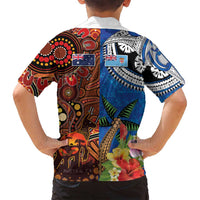 Fiji and Australia Together Family Matching Long Sleeve Bodycon Dress and Hawaiian Shirt Fijian Tapa Plants with Kangaroo and Aboriginal - Polynesian Pride