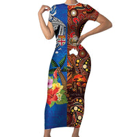 Fiji and Australia Together Family Matching Short Sleeve Bodycon Dress and Hawaiian Shirt Fijian Tapa Plants with Kangaroo and Aboriginal - Polynesian Pride