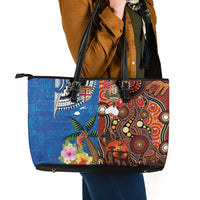 Fiji and Australia Together Leather Tote Bag Fijian Tapa Plants with Kangaroo and Aboriginal - Polynesian Pride