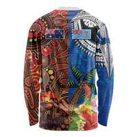 Fiji and Australia Together Long Sleeve Shirt Fijian Tapa Plants with Kangaroo and Aboriginal - Polynesian Pride