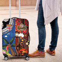 Fiji and Australia Together Luggage Cover Fijian Tapa Plants with Kangaroo and Aboriginal - Polynesian Pride